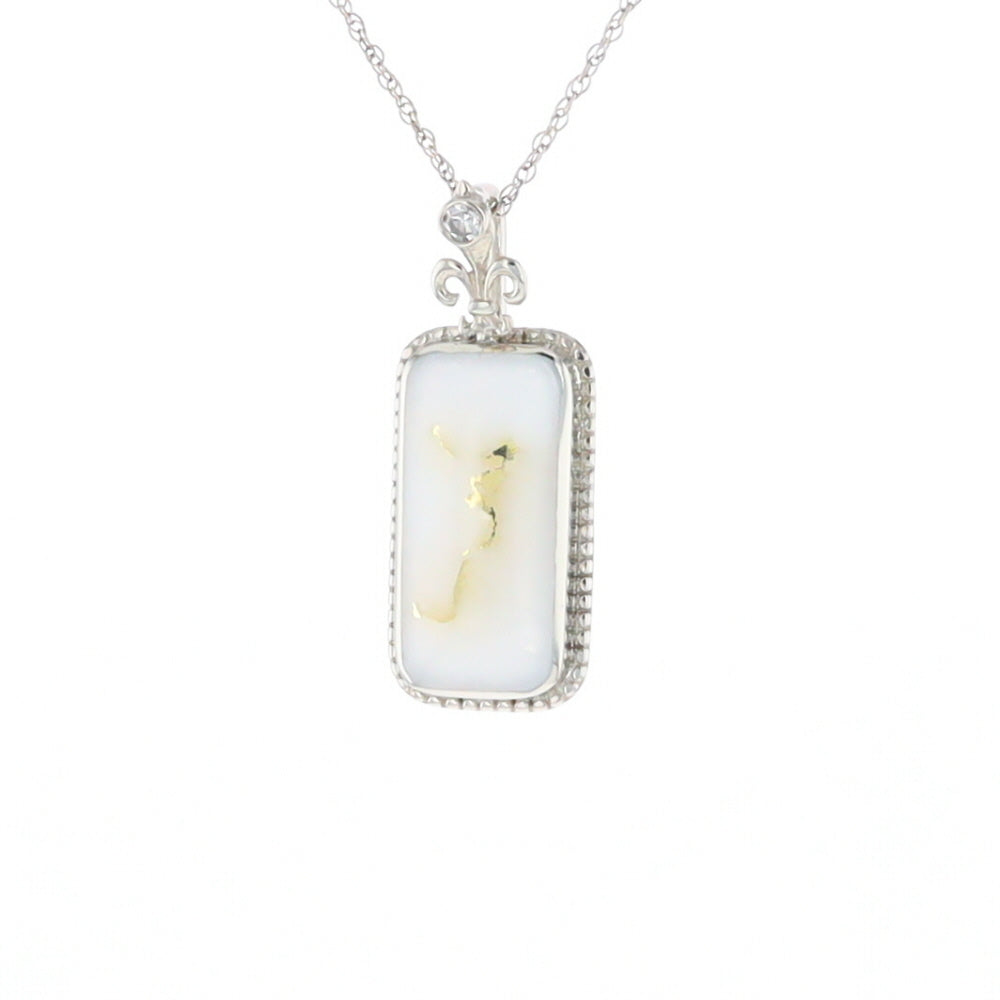 Gold Quartz Necklace, Rectangle Inlaid Fleur De Lis Design with .02ctw Diamond Pendant