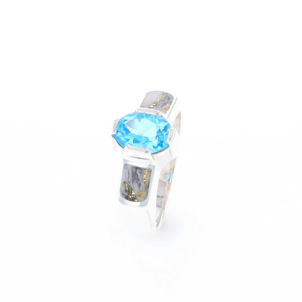 Sterling Silver Gold Quartz Inlaid Oval Blue Topaz Ring - G3