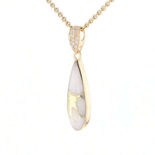 Gold Quartz Necklace, Tear Drop Inlaid Design with 0.11ctw Diamond Pave Pendant G2