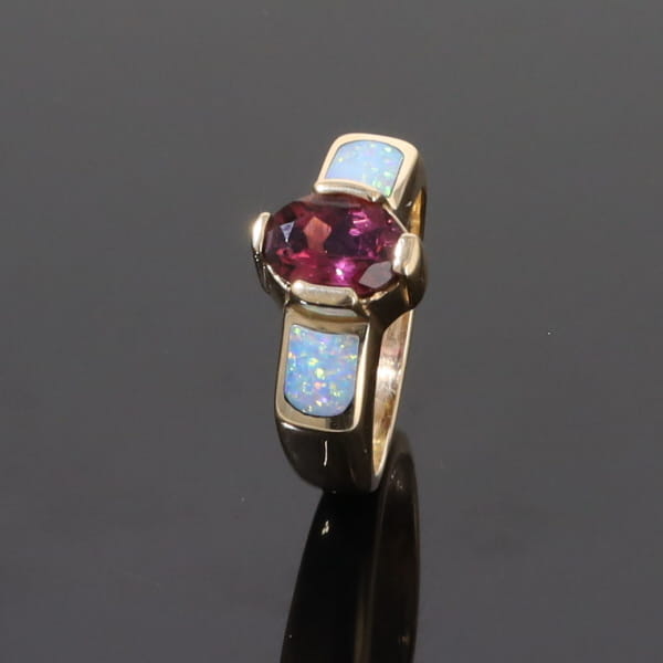 Opal Rings 2 Section Inlaid Design with Oval Pink Tourmaline
