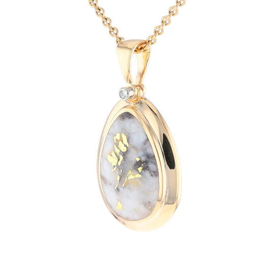 Gold Quartz Necklace Pear Shape Inlaid Pendant with .02ct Diamond