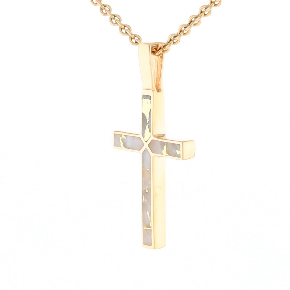 Gold Quartz Necklace 4 Section Inlaid Design Cross Pendant