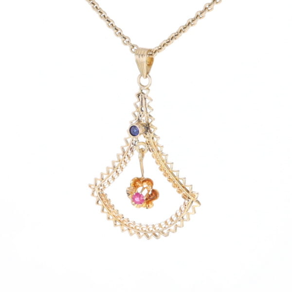 Vintage Buttercup Dangle Ruby Scrollwork Pendant