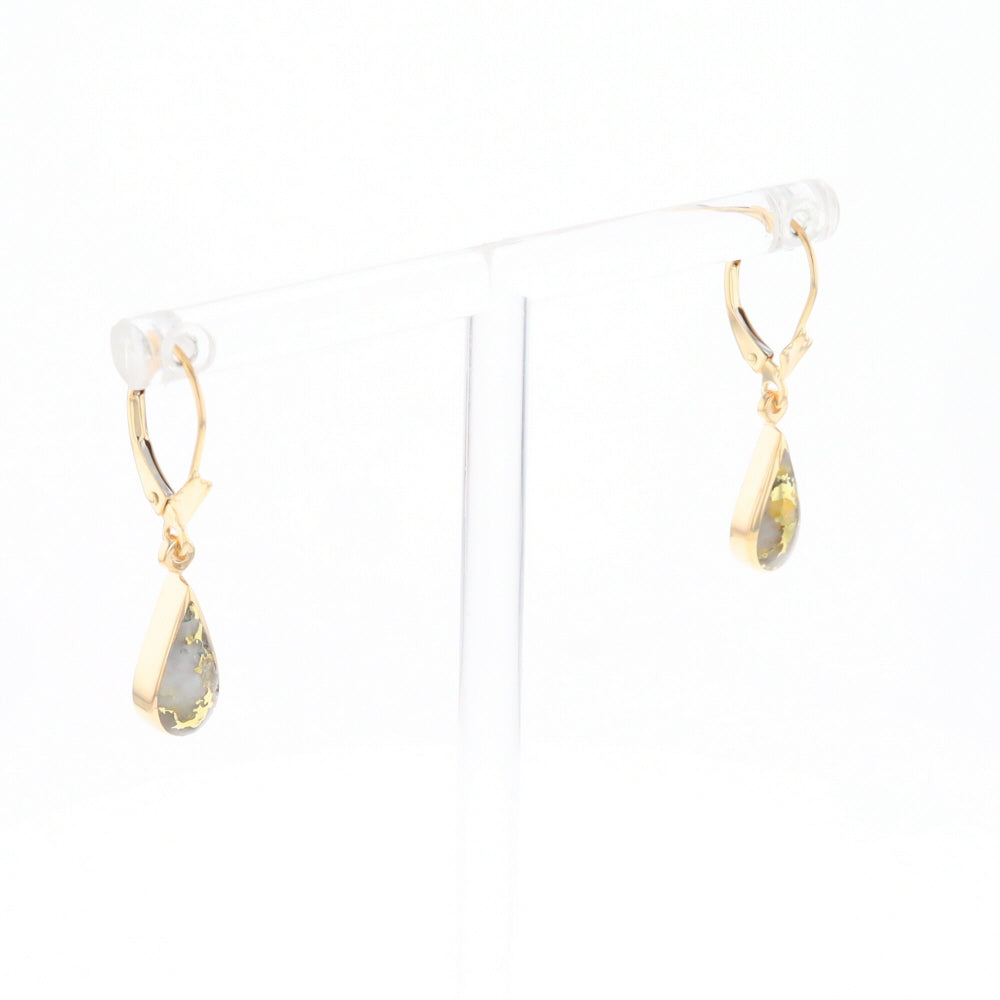 Gold Quartz Earrings Tear Drop Inlaid Lever Backs