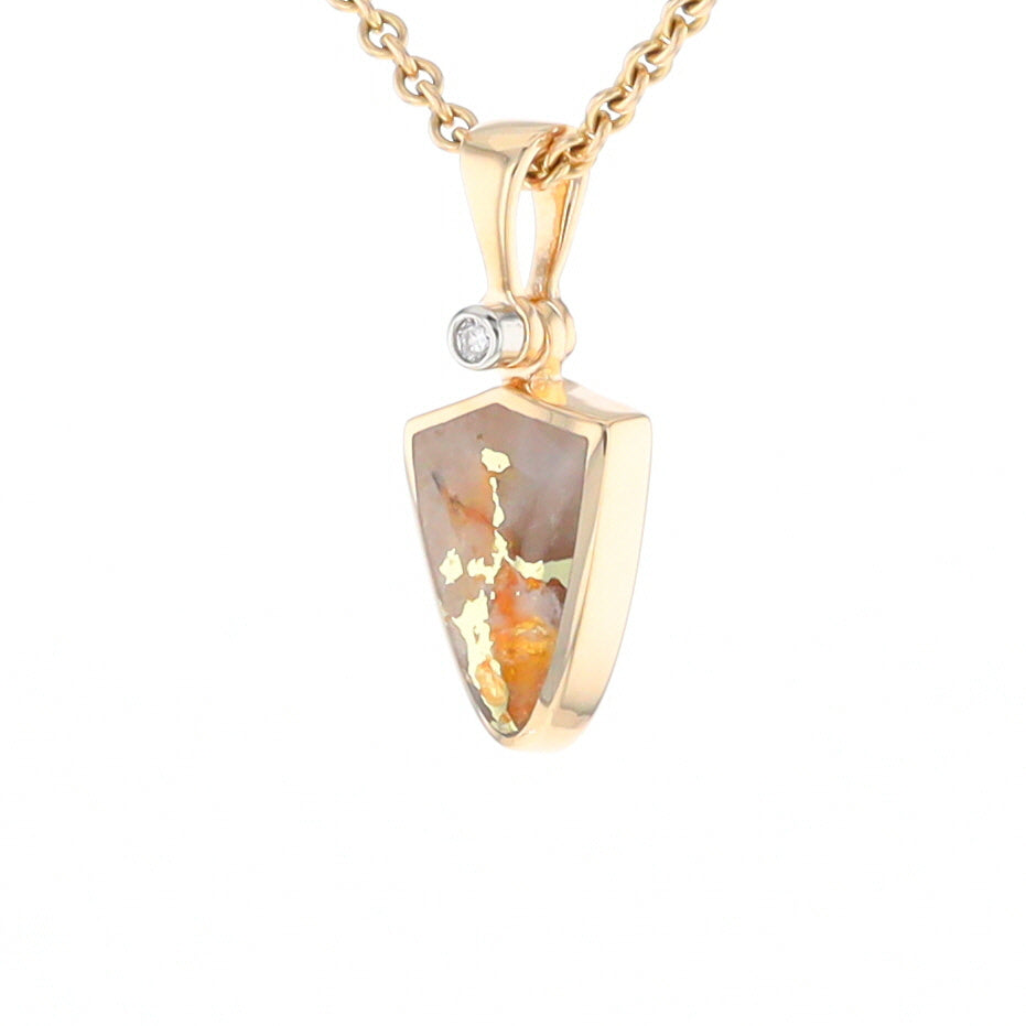 Gold Quartz Necklace Shield Shape Inlaid Pendant with .02ct Diamond