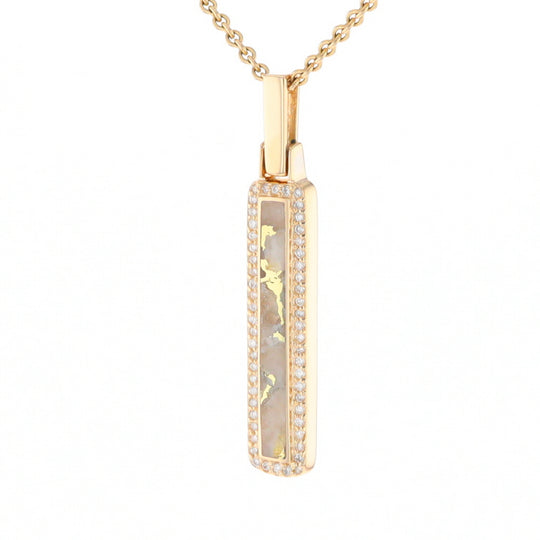 Gold Quartz Necklace, Rectangle Inlaid, .27ctw Diamond Halo Pendant