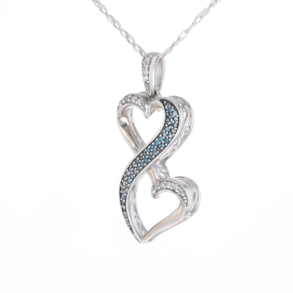 Blue and White Diamond Double Open Heart Pendant with 16" Singapore Chain