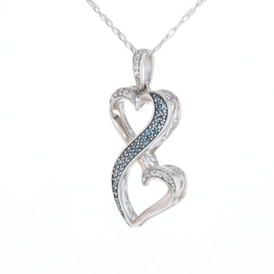 Blue and White Diamond Double Open Heart Pendant with 16" Singapore Chain