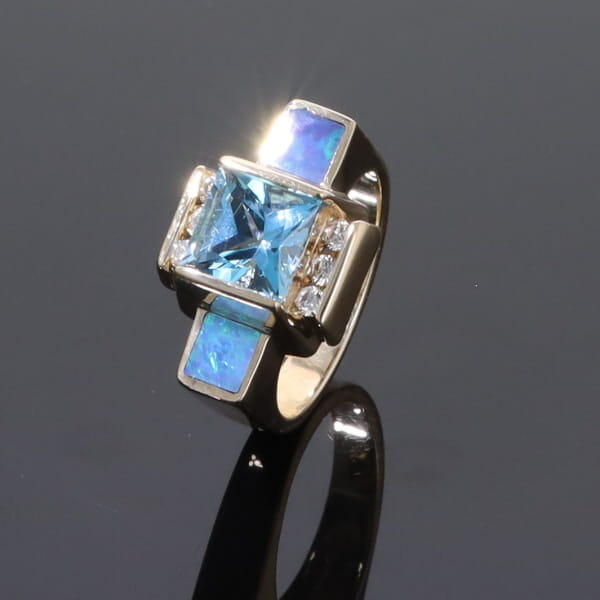 Opal Rings Inlaid Sides Swiss Blue Topaz Center with .24ctw Diamonds
