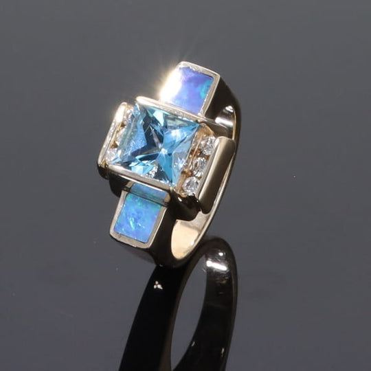 Opal Rings Inlaid Sides Swiss Blue Topaz Center with .24ctw Diamonds