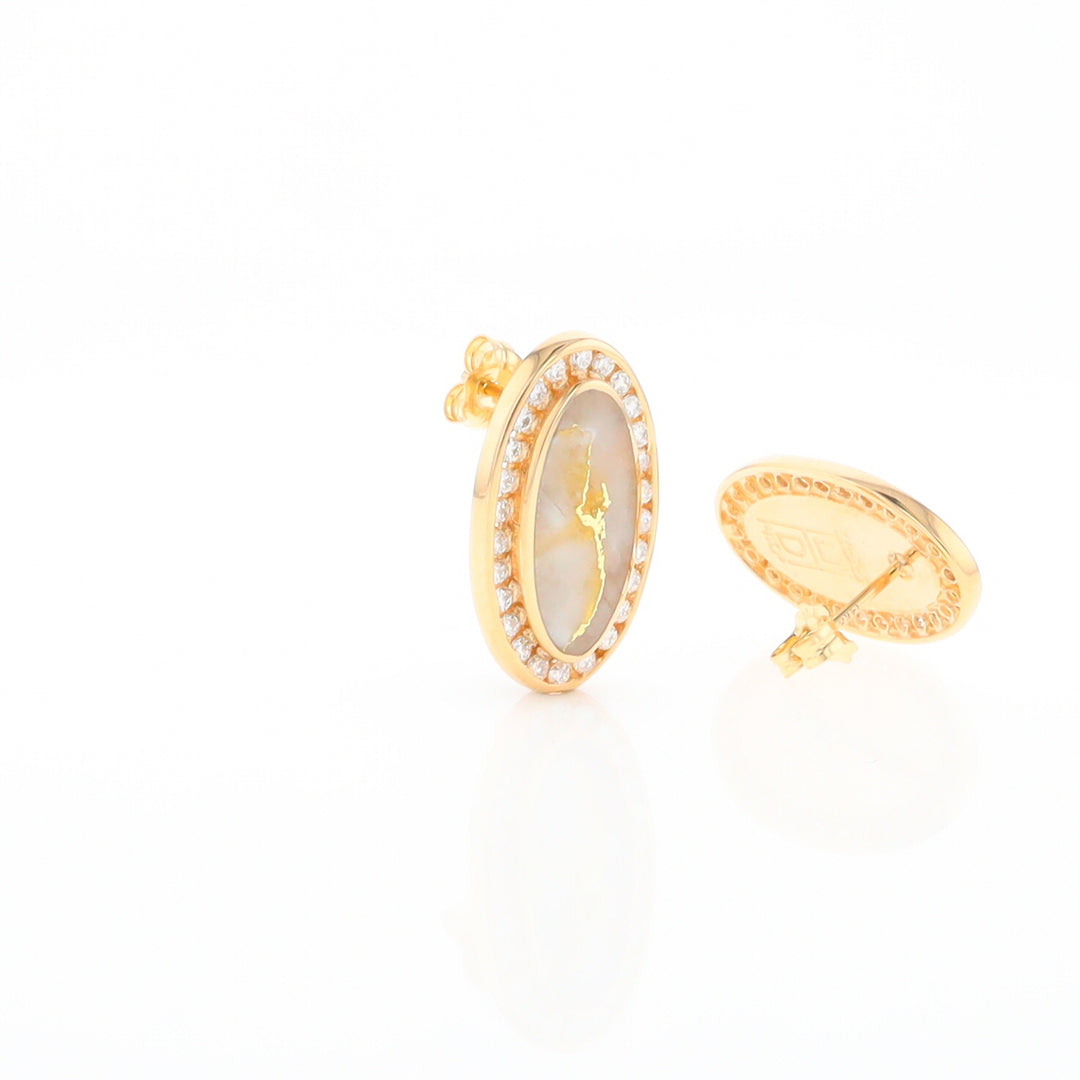 Gold Quartz Earrings Oval Inlaid Design .73ctw Round Diamonds Halo