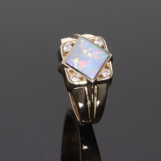 Natural Australian Opal ring diamond shape inlaid design with .16ctw round diamonds
