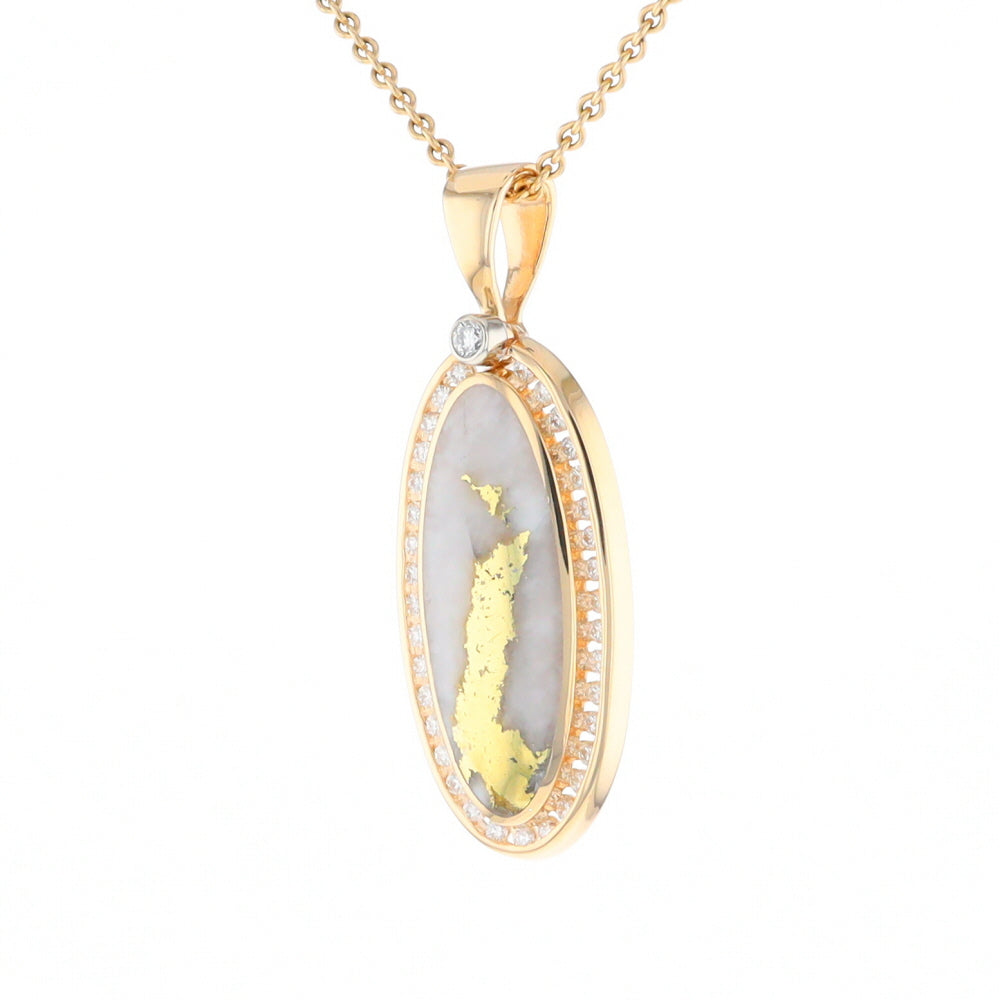 Gold Quartz Necklace .54ctw Halo Diamond Oval Inlaid Pendant