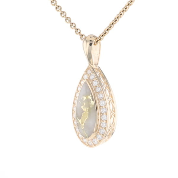 Gold Quartz Pendant Tear Drop Inlaid .42ctw Diamond Halo Design
