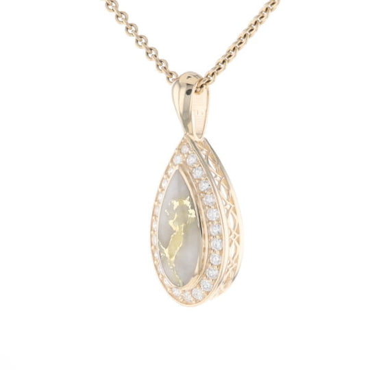 Gold Quartz Pendant Tear Drop Inlaid .42ctw Diamond Halo Design