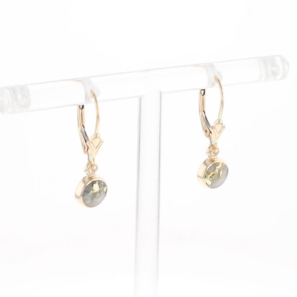 Gold Quartz Earrings Round Inlaid Design Lever Backs