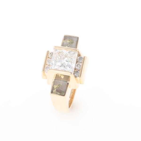 Princess Cut Diamond Gold Quartz 2-Square Inlaid Ring