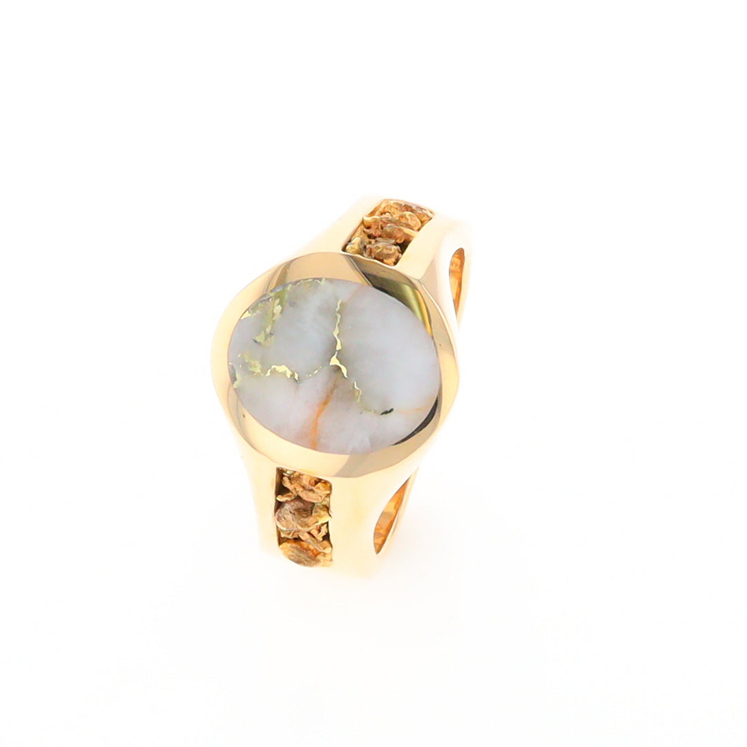 Oval Gold Quartz Inlaid Ring with Natural Gold Nuggets G2 Quality