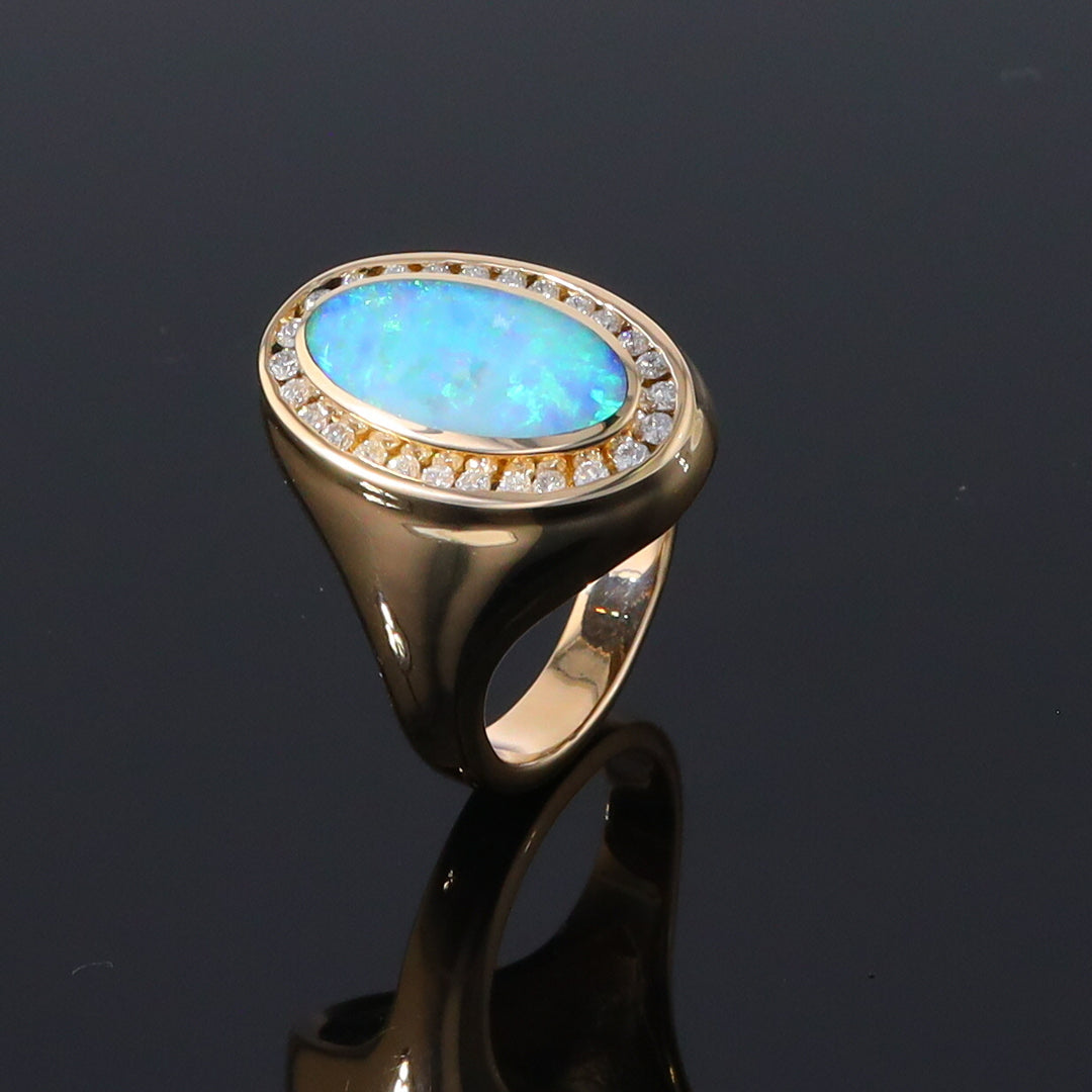 Opal Rings Oval Inlaid Design with .36ctw Round Diamonds Halo