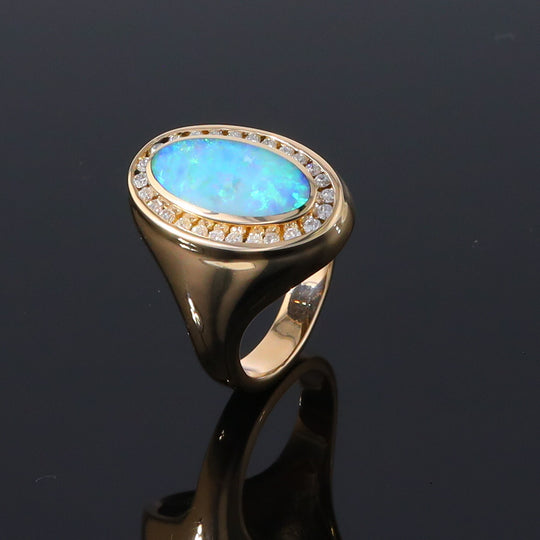 Opal Rings Oval Inlaid Design with .36ctw Round Diamonds Halo