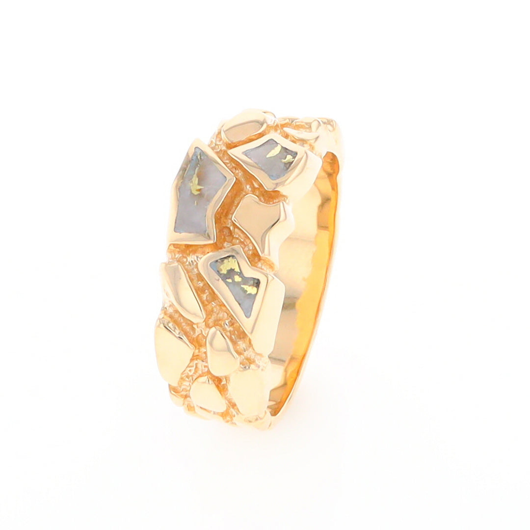 Gold Quartz Ring 3 Section Inlaid Nugget Design Band