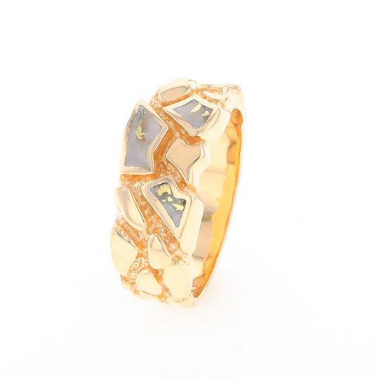 Gold Quartz Ring 3 Section Inlaid Nugget Design Band