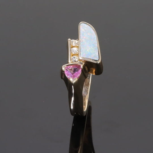 Opal Rings Geometric Inlaid with Pink Sapphire and .08ctw Diamonds