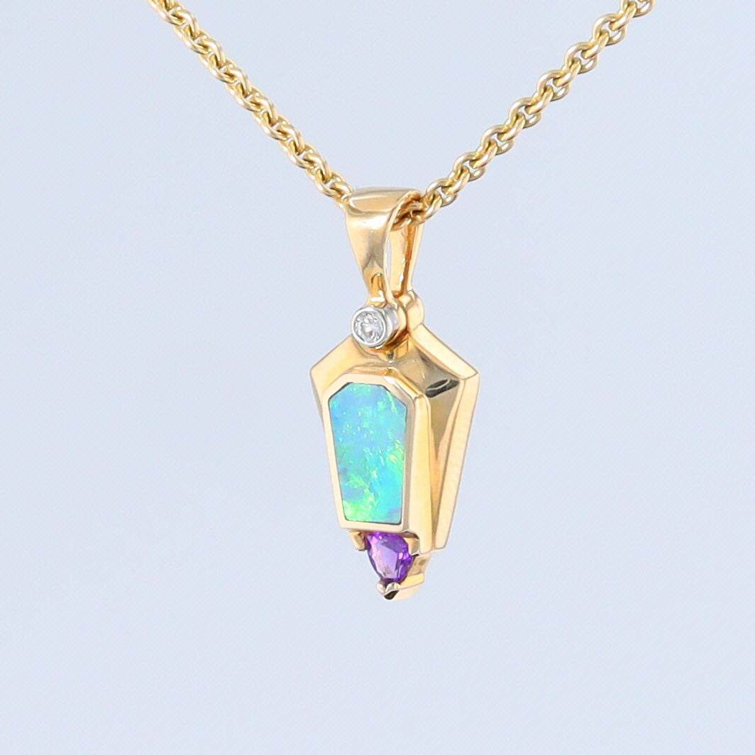 Opal Pendant Geometric Inlaid Trillion Cut Amethyst and .02ct Diamond