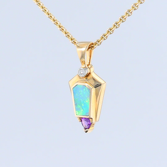 Opal Pendant Geometric Inlaid Trillion Cut Amethyst and .02ct Diamond