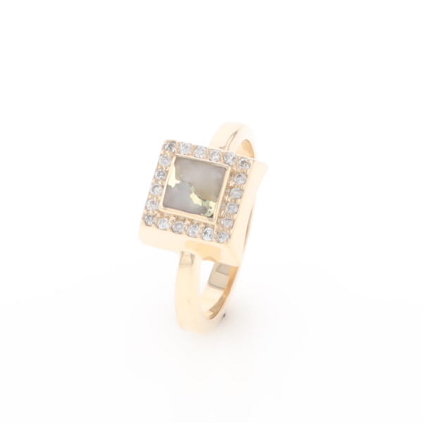 Gold Quartz Ring Square Inlaid Halo .14ctw Diamonds Design
