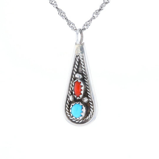 Native Turquoise & Coral Teardrop Pendant