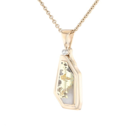 Gold Quartz Necklace .02ct Diamond Geometric Inlaid Design Pendant