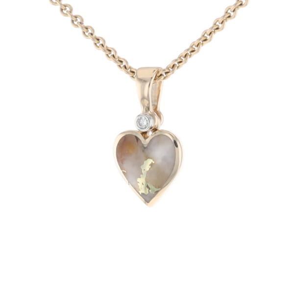 Gold Quartz Necklace Heart Inlaid Design Pendant with .02ct Diamond