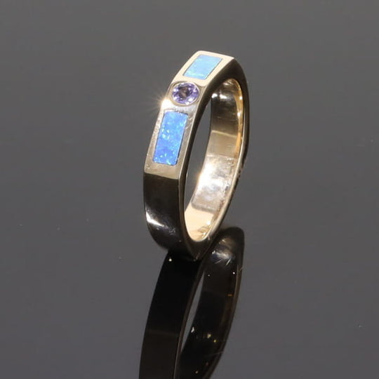 Opal Rings 2 Section Inlaid Design with Round Tanzanite