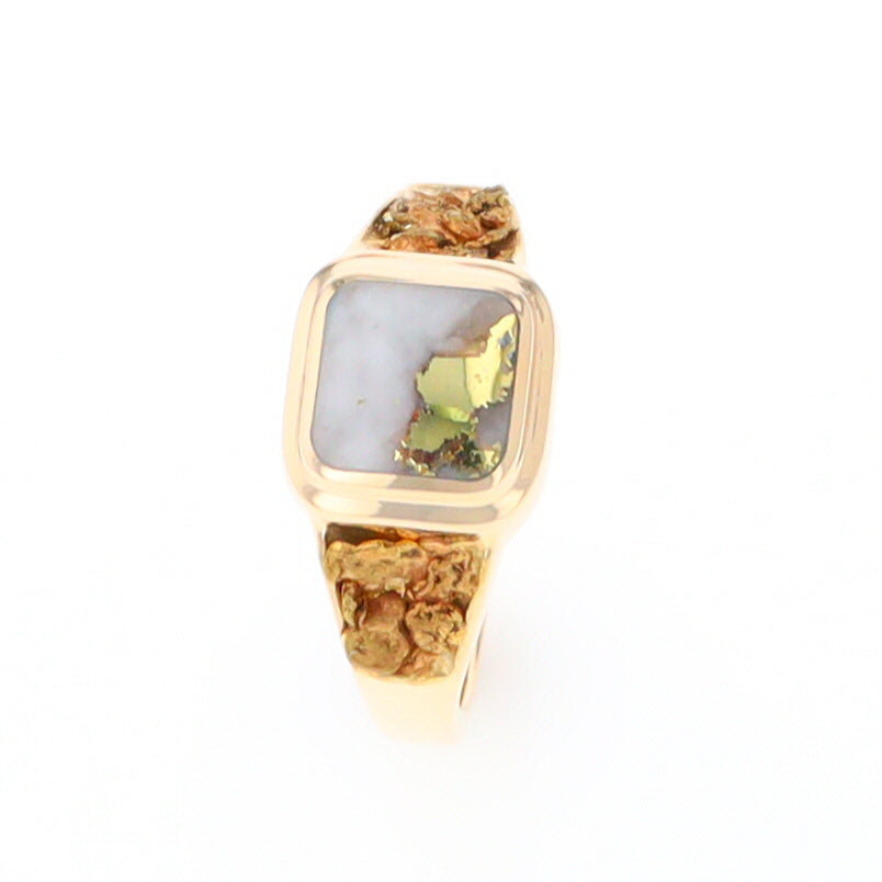 Gold Quartz Ring Square Inlaid Design Double Natural Nugget Sides