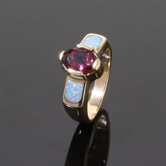 Opal Rings 2 Section Inlaid Design with Oval Pink Tourmaline