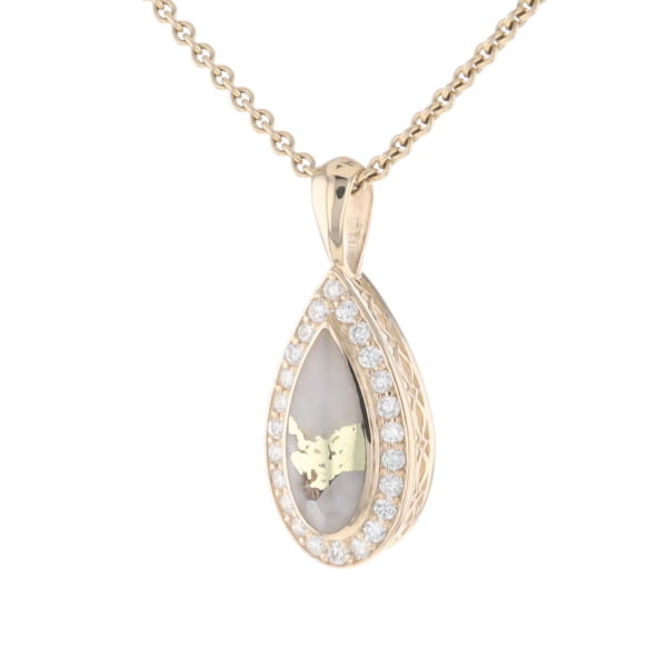 Gold Quartz Pendant Tear Drop Inlaid .42ctw Diamond Halo Design