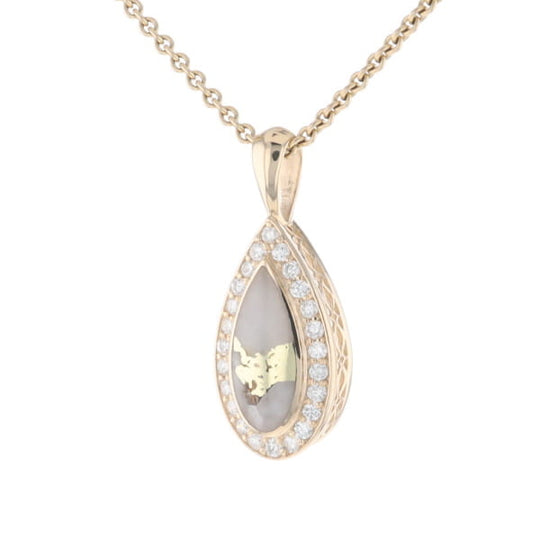Gold Quartz Pendant Tear Drop Inlaid .42ctw Diamond Halo Design