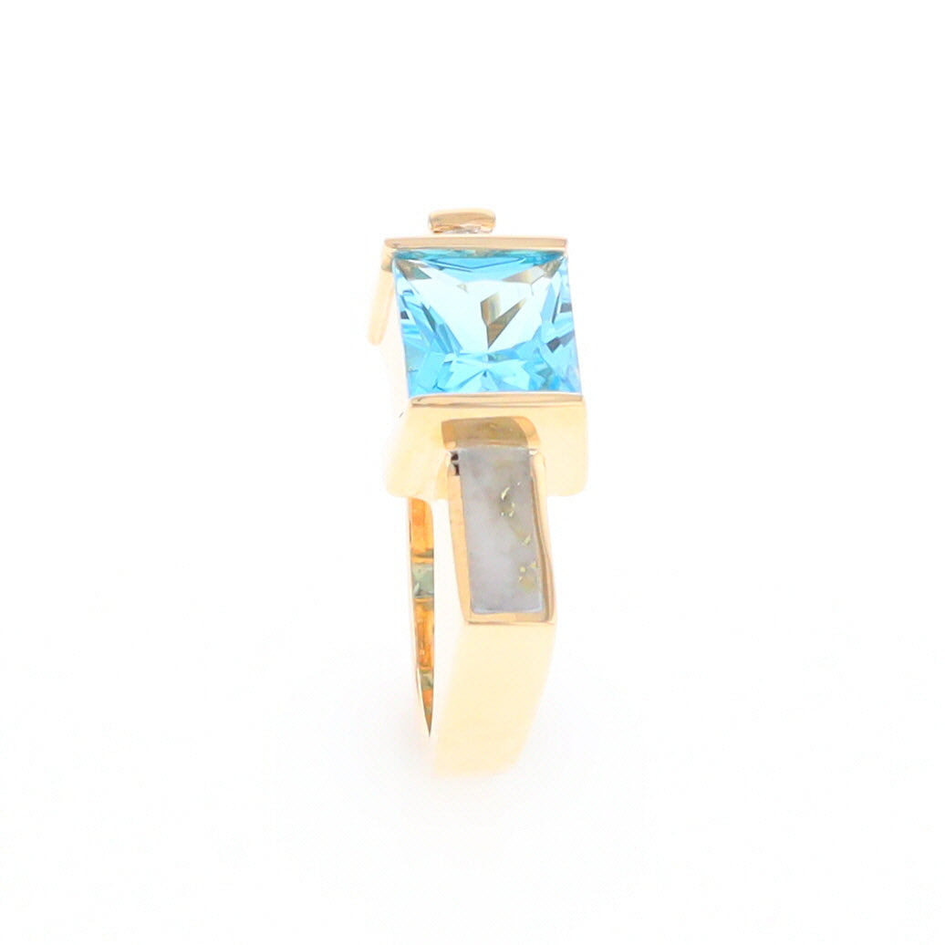 Gold Quartz Ring Rectangle Inlay Swiss Blue Topaz .06ct Round Diamond