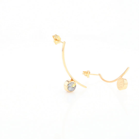 Gold Quartz Earrings Round Inlaid Curved Bar Design