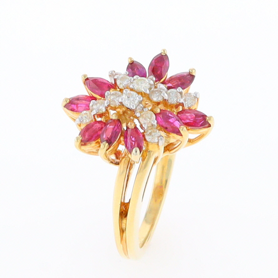 14K Gold Natural Ruby and Diamond Cluster Ring
