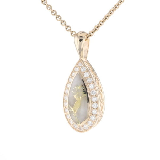 Gold Quartz Pendant Tear Drop Inlaid .42ctw Diamond Halo Design