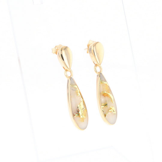 Gold Quartz Earrings Tear Drop Inlaid Design