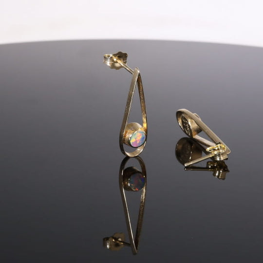 Opal Earrings Round Inlaid Open Tear Drop Design Studs