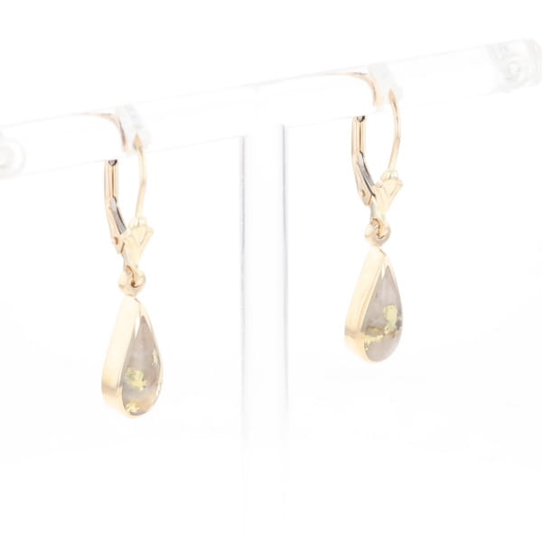Gold Quartz Earrings Tear Drop Inlaid Lever Backs - G3