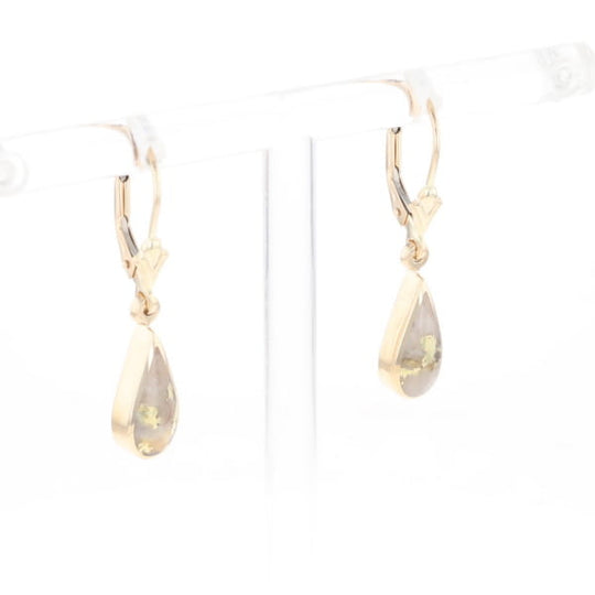 Gold Quartz Earrings Tear Drop Inlaid Lever Backs - G3