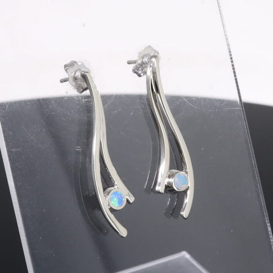 Opal Earrings Round Inlaid Double Curved Bar Design Studs