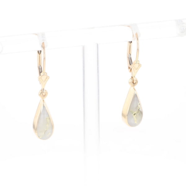 Gold Quartz Earrings Tear Drop Inlaid Lever Backs - G2