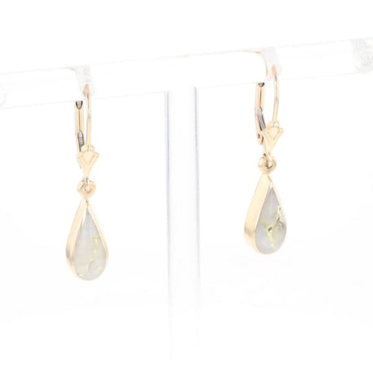 Gold Quartz Earrings Tear Drop Inlaid Lever Backs - G2