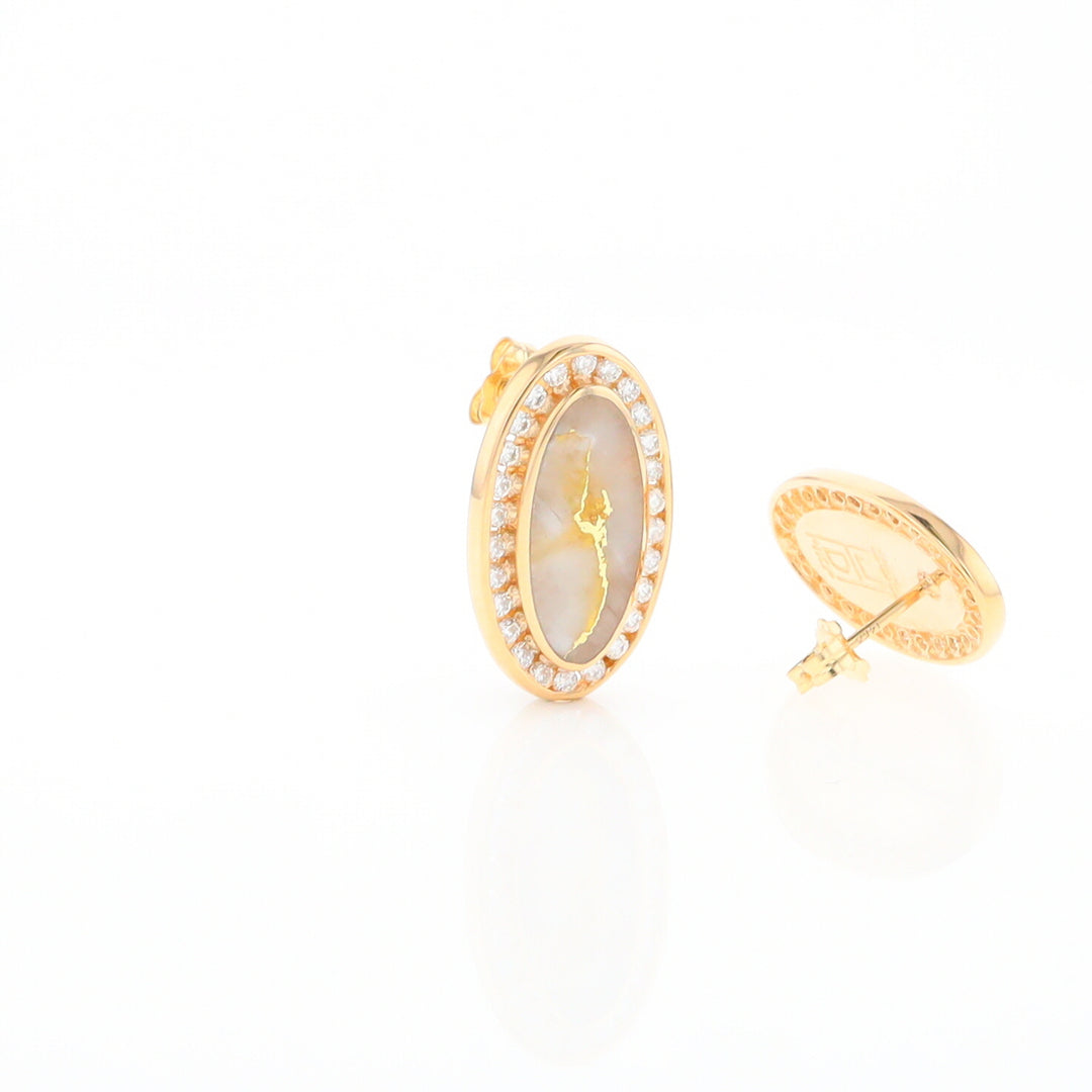 Gold Quartz Earrings Oval Inlaid Design .73ctw Round Diamonds Halo